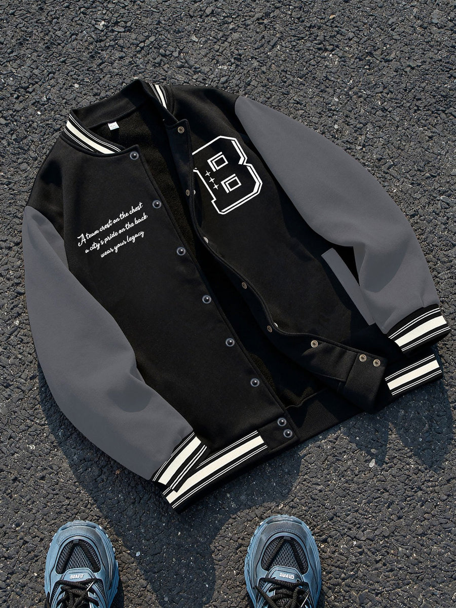 This Black And Gray Patchwork Baseball Jacket Features a Button Closure Design, with Black And White Striped Accents at The Collar And Cuffs. It Showcases Prominent Letter Prints And English Text Elements on The Chest - Black And Grey