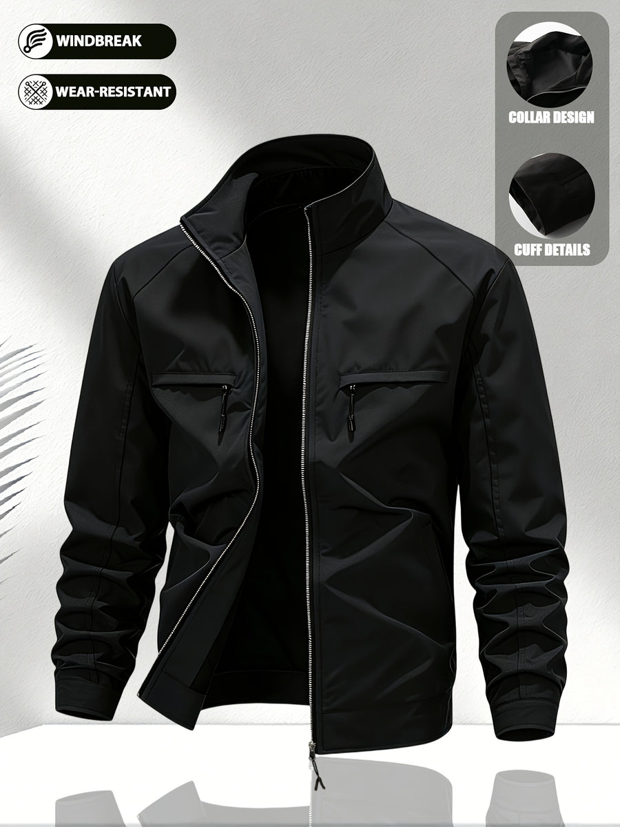 Men'S Solid Color Stand-Collar Jacket, Street Casual Campus Outing Style, Lightweight Windproof Practical Fabric, Minimalist All-Match Cargo Style, Spring/Autumn Standard Fit - 637 - Black