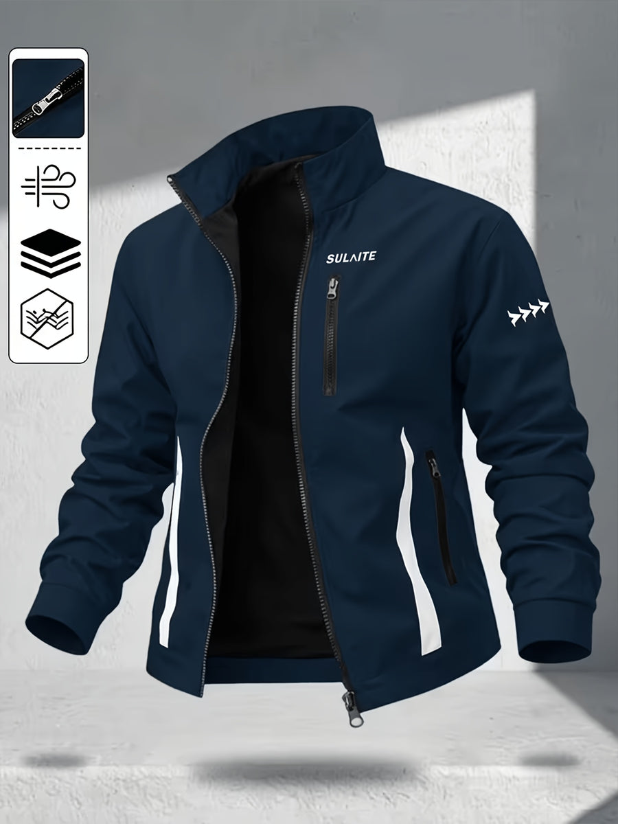 Men's Stand Collar Jacket with Color-blocking White Stripe Design and Logo, Business Casual Versatile Lightweight Windbreaker, Trendy Slim Fit Zip-up Sports Jacket, Suitable for Daily Work Wear. - Navy Color