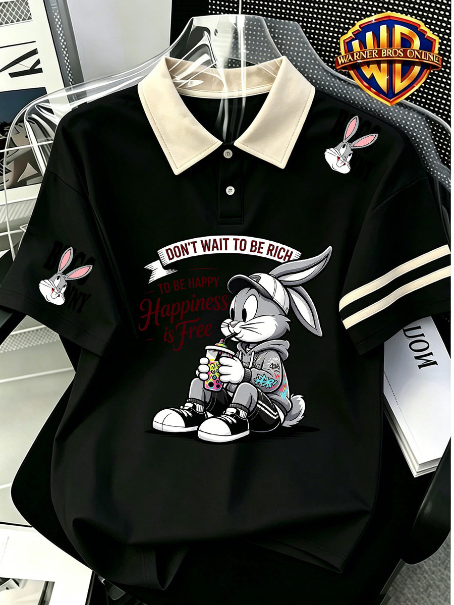 1pc, Le Yitong Rabbit T-Shirt Print Men'S Summer Casual Polo Shirt, Preppy Style Leisure Couple Short Sleeve Top, Summer Daily Outing, Campus Wear, Student Couple Style Best Choice, Suitable for Daily Outing And Athletic Wear - Unisex - Black
