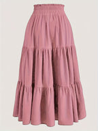 Women's Olive Green Pleated Midi Skirt - Lightweight Adjustable Drawstring Waist, Hand Washable Spring/Summer Elegant Solid Color Skirt for Casual & Formal Outfits, Casual Attire, Nontransparent Fabric, Spring Fashion, Classic Style, Breathable Material - Pink
