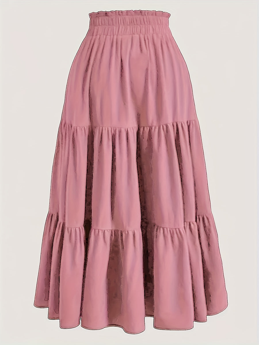 Women's Olive Green Pleated Midi Skirt - Lightweight Adjustable Drawstring Waist, Hand Washable Spring/Summer Elegant Solid Color Skirt for Casual & Formal Outfits, Casual Attire, Nontransparent Fabric, Spring Fashion, Classic Style, Breathable Material - Pink