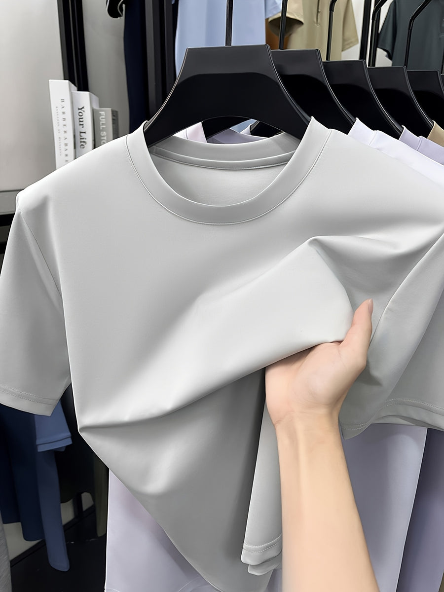 NERPOLO Men's Solid Color Short Sleeve T-Shirt - Round Neck Casual Summer Tee with Suitable for Middle-Aged, Regular Fit Breathable Shirt, Hand Washable Solid Color Round Neck Half-Sleeve Blouse for Casual Attire (No Transparency) - Off-white