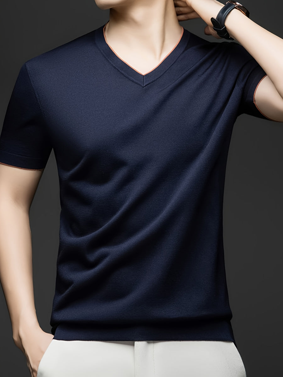 Men'S Summer Short-Sleeved T-Shirt, V-Neck Color-Blocking Details, a Slightly Slim Fit That Conforms to The Body, Showing Neat Lines Without Being Tight, Suitable for Daily Leisure/Weekend Travel Scenarios, And Light Social Scenarios - Shangqing