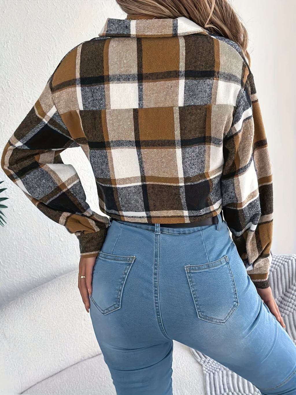 Brown Large Plaid Short Casual Shirt Long Sleeves Suitable for Daily Wear And Dates - Dark Brown
