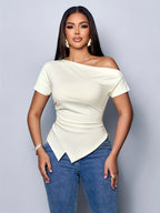 Women's Sexy Elegant T-Shirt - Off-Shoulder/One-Shoulder Blouse with Asymmetric Hem, Stretchy Chic Top for Party, Office, Everyday - Beige/Neutral Tones - Spring/Summer/Fall Wardrobe Essential, Party Attire, Offshoulder Tee, Flowy Fabric - White