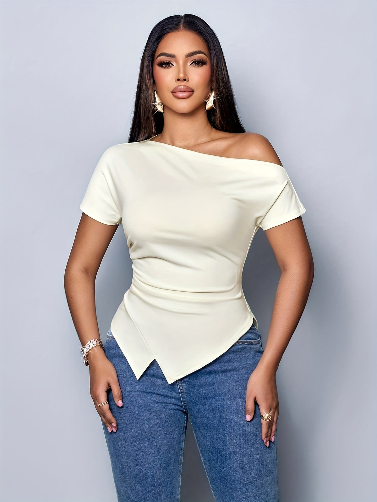 Women's Sexy Elegant T-Shirt - Off-Shoulder/One-Shoulder Blouse with Asymmetric Hem, Stretchy Chic Top for Party, Office, Everyday - Beige/Neutral Tones - Spring/Summer/Fall Wardrobe Essential, Party Attire, Offshoulder Tee, Flowy Fabric - White