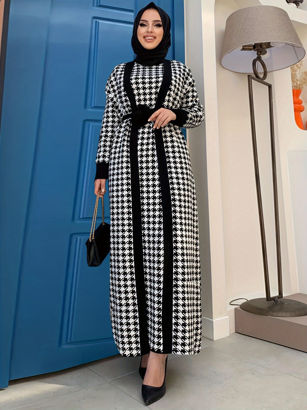 Women's Autumn/Winter Middle Eastern Muslim Houndstooth Jacket + Dress Set (Headscarf Not Included) - Black