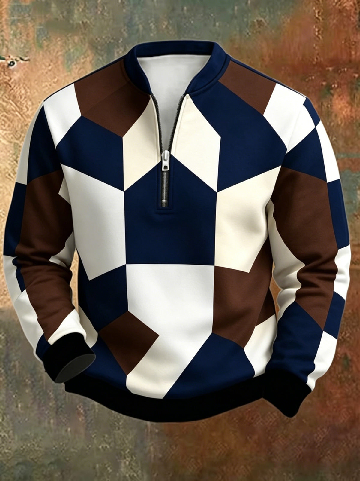 Men'S Autumn Winter Polo Zipper Sweatshirt, Men'S Retro Geometric Color-Block Digital Print Half-Zip Stand Collar Sweatshirt, Loose Casual Top, High Quality And Durable, Machine Washable, Daily Commute And Outdoor Wear - Mixed colors