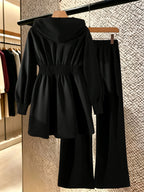 2pcs Set: Mid-length Hooded Zip-up Cardigan + High-waisted Drapey Wide-leg Pants - Black