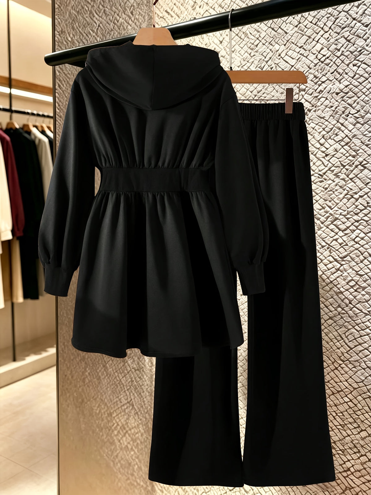2pcs Set: Mid-length Hooded Zip-up Cardigan + High-waisted Drapey Wide-leg Pants - Black