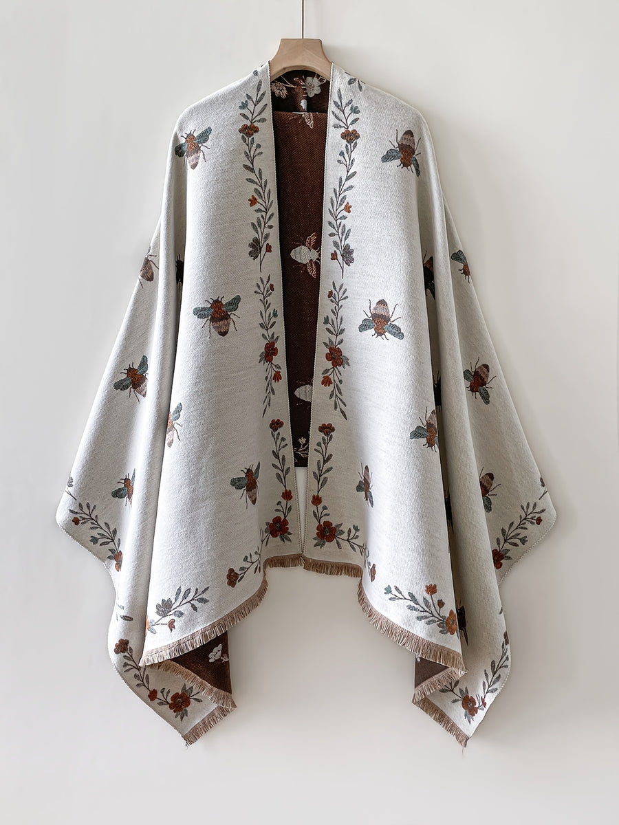 Plus Size, Double-Sided Bee and Floral Cape - Valentine's Day Outfit Choice, Romantic and Stylish Outerwear for European and American Streetwear and Parties - Coffee Color