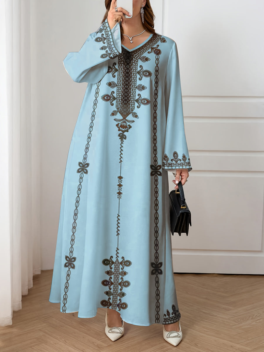 Newly Arrived Elegant Robe for The Middle Eastern Style in 2026, Featuring Ethnic Prints And a Long Skirt Suitable for Ramadan, Eid Al-Fitr, And Eid Al-Adha. This Loose And Comfortable Long-Sleeve Dress Is Perfect for Commuting And Vacationing - Powder blue