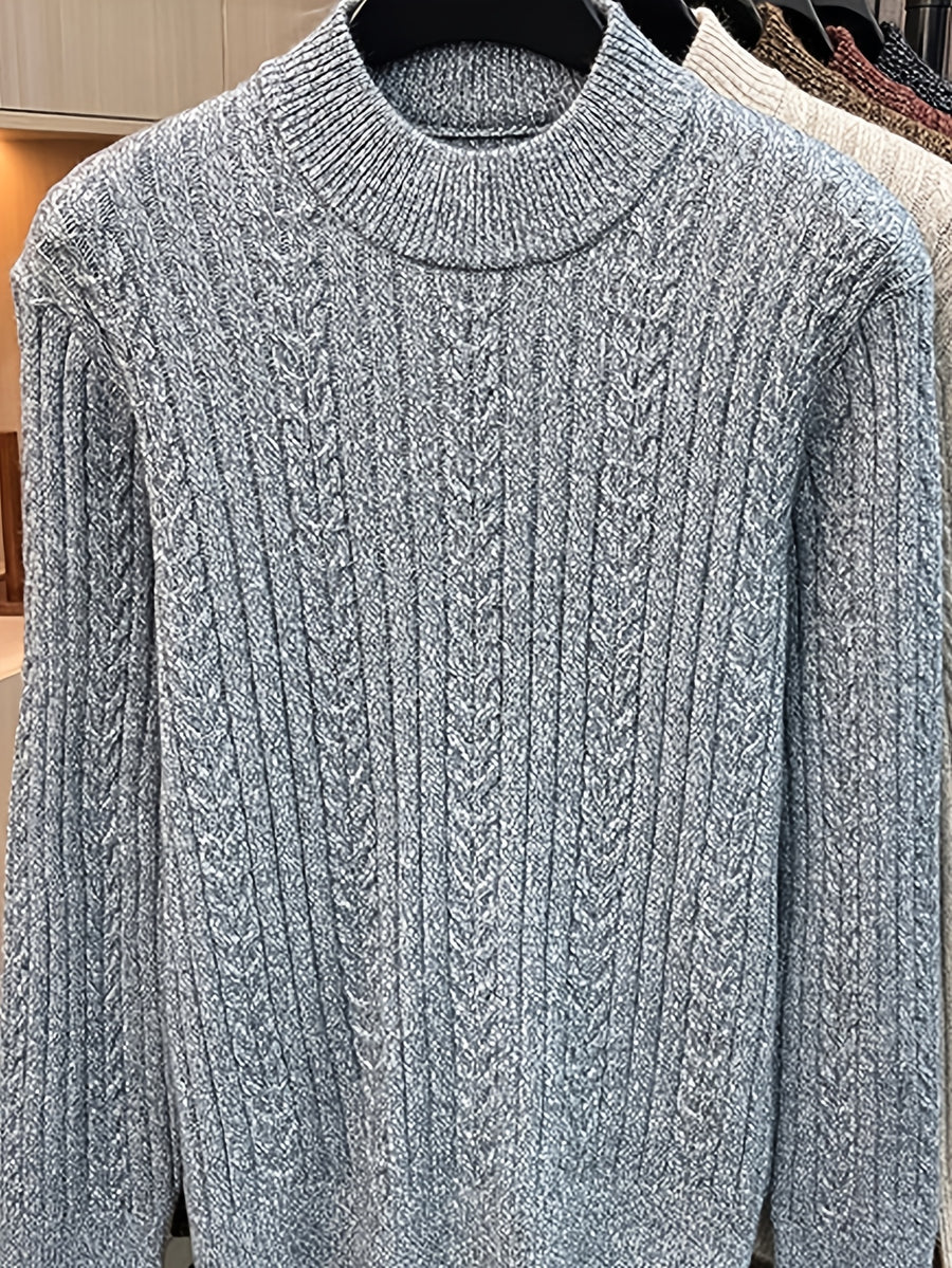 Men'S Semi-High Neck Jacquard Knit Sweater, Yarn Blend Thick Textured Velvet Base Layer, Stable Business Autumn Winter Knit Top - SINBOS - Light Mixed Grey
