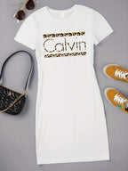 Calvin Women's Leopard Print T-Shirt Dress - Casual Short Sleeve Round Neck, Elastic Waist & Machine Washable, Spring Summer Daily Wear, Weekend Attire, Trendy Style, Comfortable Fabric, Women - White