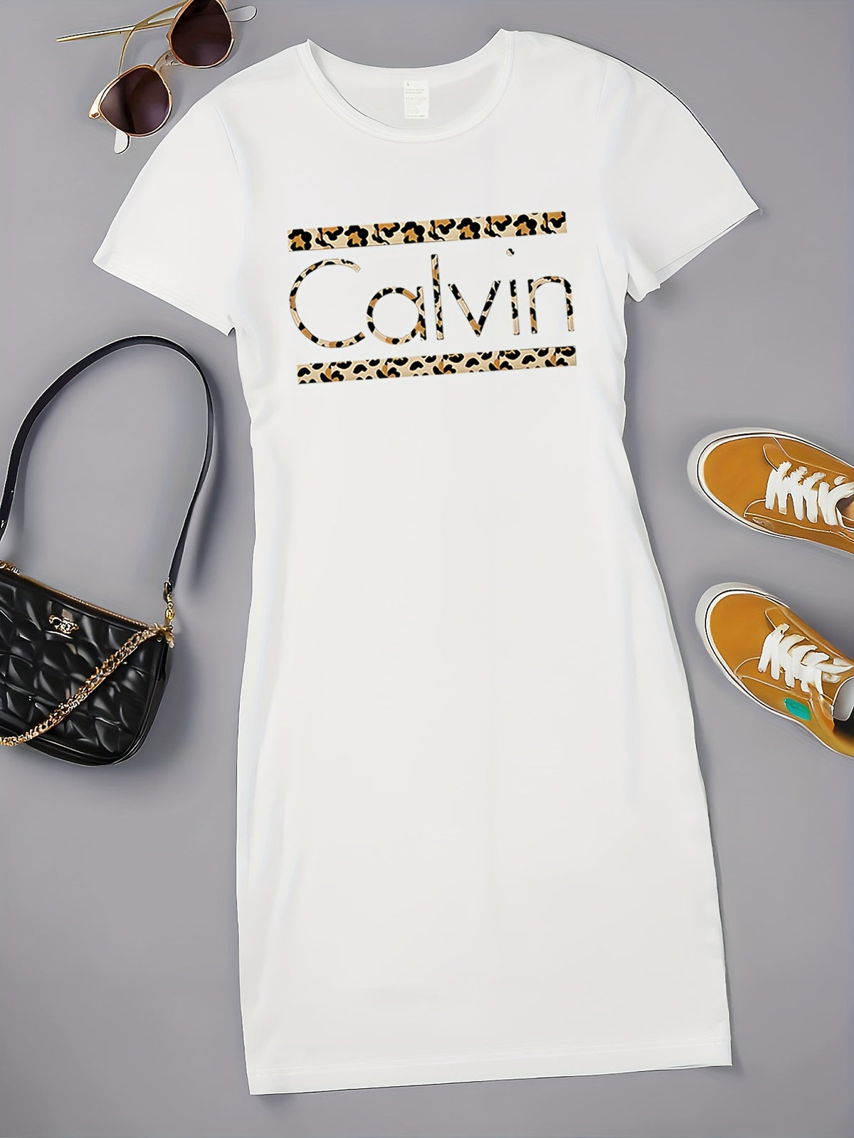 Calvin Women's Leopard Print T-Shirt Dress - Casual Short Sleeve Round Neck, Elastic Waist & Machine Washable, Spring Summer Daily Wear, Weekend Attire, Trendy Style, Comfortable Fabric, Women - White