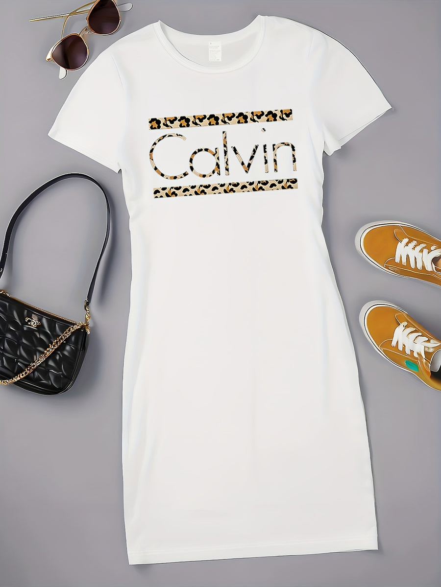 Calvin Women's Leopard Print T-Shirt Dress - Casual Short Sleeve Round Neck, Elastic Waist & Machine Washable, Spring Summer Daily Wear, Weekend Attire, Trendy Style, Comfortable Fabric, Women - White