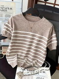 2026 New Women'S Summer Clothing Striped Short-Sleeved Top - Elegant Round Neck Color Block Design, Breathable Spring/Summer Casual/Formal Wear, Versatile Slim Fit T-Shirt, Everyday Fashion - Elegant Camel