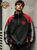 Men'S Half-Zip Stand Collar Sweatshirt, Retro Cracked Distressed Superman Classic S Shield Print, Black Red Contrast Patchwork with Double Stripes Long Sleeve Top, Autumn Winter Loose Casual Athletic Pullover Jacket, Trendy Outerwear for Daily Wear - Black