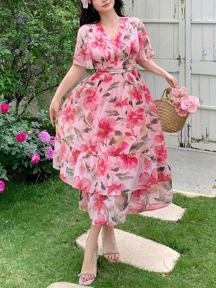 Women's Floral maxi Dress - Elegant Flowy Formal & Casual Event Gown, Non-Stretchy Fabric, Flared A-Line Skirt for Wedding, Party, Vacation - Spring/Summer/Fall Evening Outfits, Floral Print Dress, Summer Outfit, Machine Washable, Bridal Guest Outfit - Watermelon Red