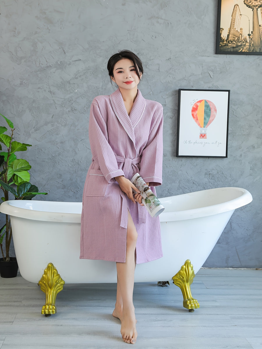 Hotel Pure Thickened Waffle Style Couple Bathrobe, High-End Sleeping Robe, Absorbent Quick Drying Yukata, Men'S And Women'S Sleeping Robe, Homestay Beauty SPA Yukata - Light Purple