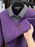 Men's Thick Warm Sweater Suitable for Winter - V-Neck Square Collar Knit Pullover with Color-Blocking Collar, Base Layer Sweater for Layering, Machine Washable Casual Warm Sweaters for Office & Casual Attire (Regular Fit) - Violet
