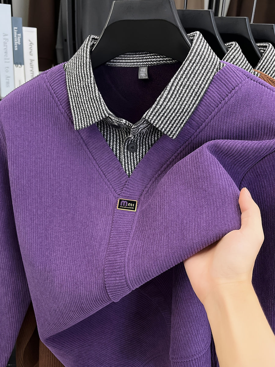 Men's Thick Warm Sweater Suitable for Winter - V-Neck Square Collar Knit Pullover with Color-Blocking Collar, Base Layer Sweater for Layering, Machine Washable Casual Warm Sweaters for Office & Casual Attire (Regular Fit) - Violet