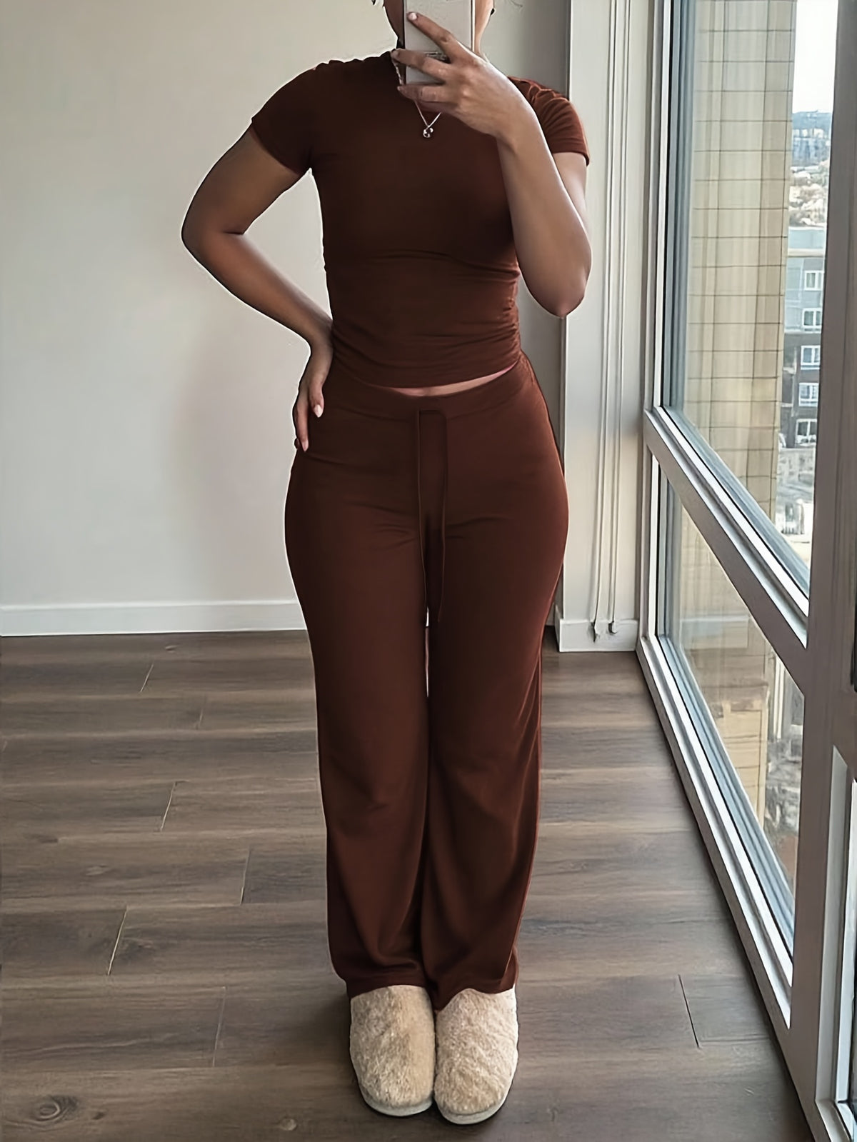 Women'S 2pcs Short Sleeve Top And Wide-Leg Pants Set, Fake Drawstring Waistband, Casual All-Season Outfit, Comfortable Home Wear, Daily Attire, Casual Style, Short Sleeve Top, Women'S Set, Women'S Clothing, Fashion Top, Autumn Women'S Wear - Coffee Color