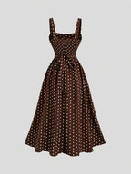 Vintage Elegant Polka Dot Cami Dress, Back Ruched Waist Tie-Up Slim Fit, Date Vacation Daily Commute Outfit, Graduation Season Concert - Dark Brown