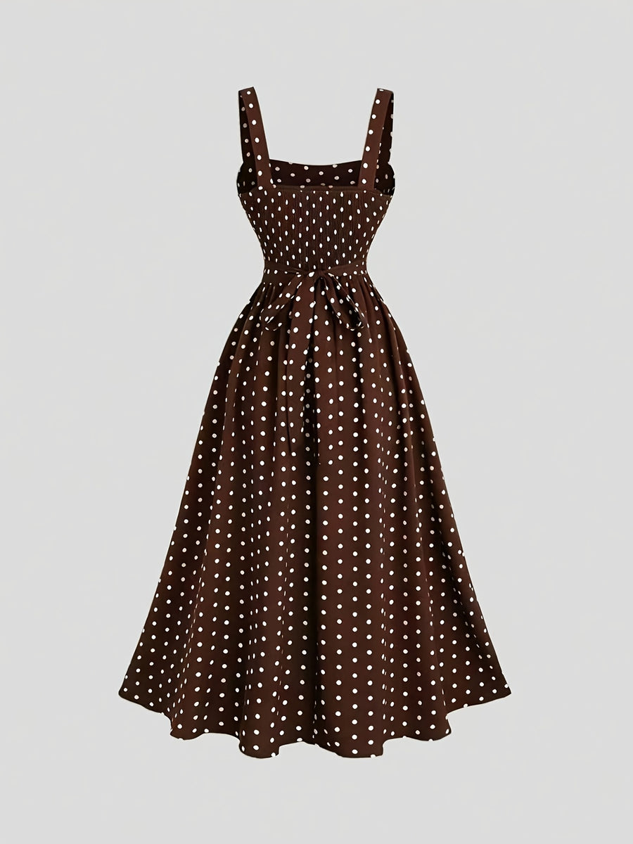 Vintage Elegant Polka Dot Cami Dress, Back Ruched Waist Tie-Up Slim Fit, Date Vacation Daily Commute Outfit, Graduation Season Concert - Dark Brown