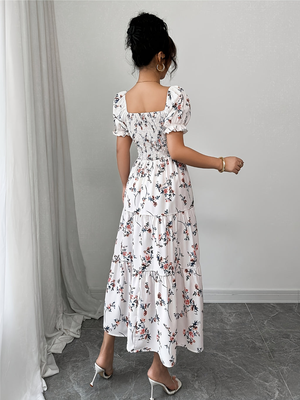 Square Neck Ruched Short Sleeve Ruffle Hem Dress for Women 8038 - Floral Dress