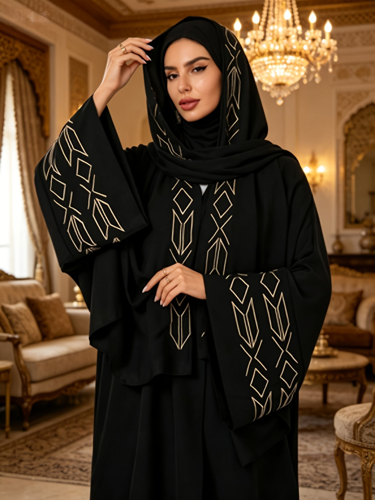 1 Set of Cardigan + Abaya, Women's Muslim Open Abaya, Muslim Dress for Women, Dubai Islamic Clothing, Abaya Femme Robe, Open Abaya. Suitable for Women's Daily Wear, Elegant and Fashionable. Robe Abaya - Black