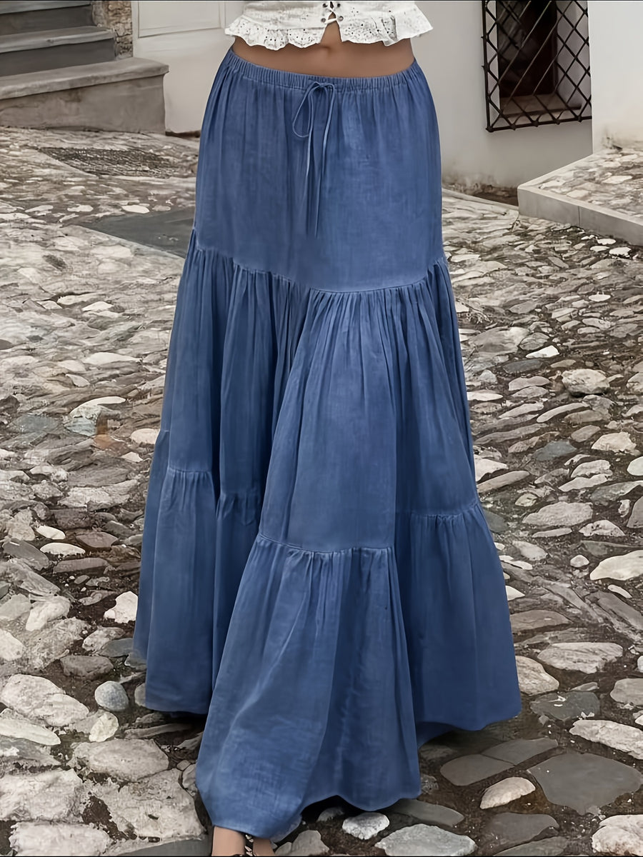Women'S Drawstring Maxi Skirt Casual Loose Cake Skirt Patchwork Flared Skirt - Blue