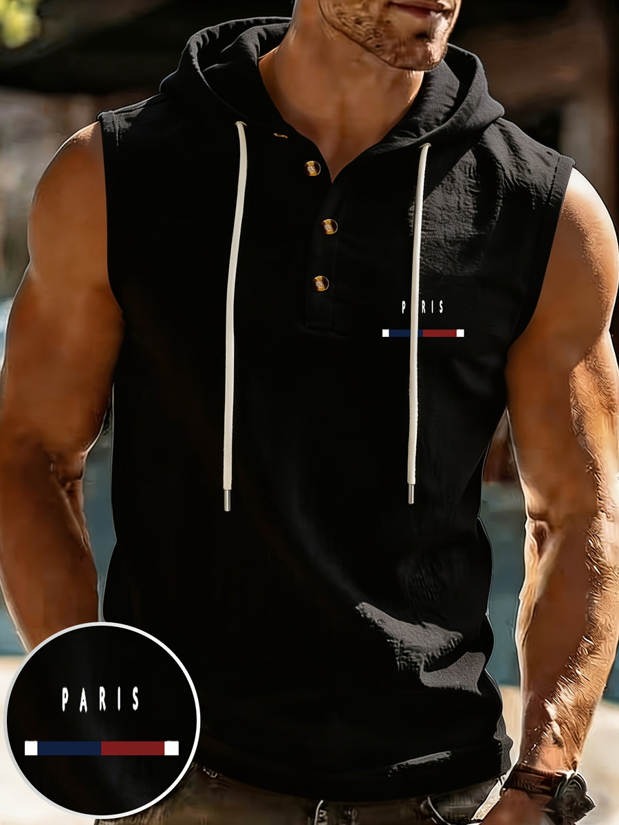 Pearson OBM Summer Men's Hooded Sleeveless T-Shirt, Linen-Textured Henley Neck Vest with Letter Print, Casual Sportswear Top, Versatile Top for Commuting, Dating, and Outings - Black PA