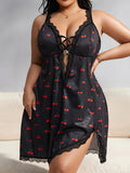 Plus size Women's sexy cherry strap nightie - Black