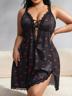 Plus size Women's sexy cherry strap nightie - Black