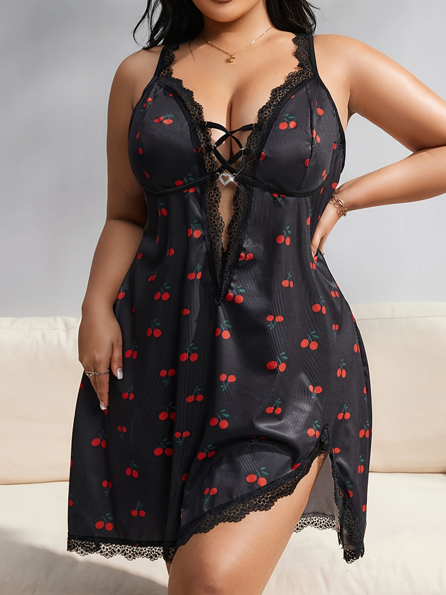 Plus size Women's sexy cherry strap nightie - Black