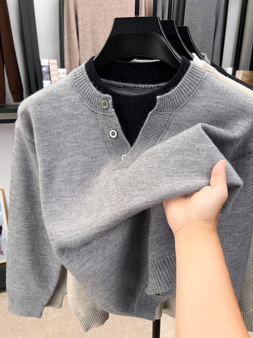 Du Jing Lan OBM 1pc New Spring/Autumn Men's Knitted Pullover, Old Money Style Contrast Color Striped 2-in-1 Look Spliced Collar Crew Neck Long Sleeve Knitted Pullover, Men's Business Casual Fashion Striped Sweater Knit Pullover, Suitable for Layering - Grey