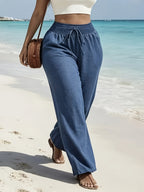 Women's High-Waisted Wide-Leg Trousers - Elastic Waist Drawstring Pants Suitable for Beach, Travel & Vacation Wear, Loose Flowy Non-Stretch Machine Washable Solid Color Bottoms, -Season Elastic Waistband for Casual and Resort Outfits - Peacock Blue