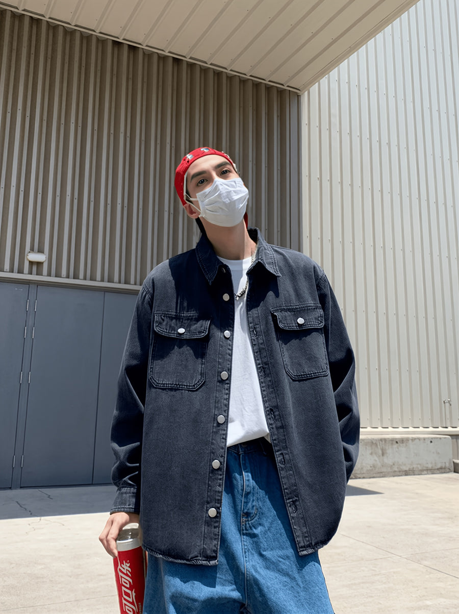 Men'S Loose Fit Lazy Style Denim Shirt, 4 Colors Plus Size Solid Jacket - Soot Black