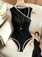 Women'S Asymmetrical Off-Shoulder Sleeveless Bodysuit, Color-Block White Edging Enhances Proportion And Height, High-Stretch Fabric Snug Fit No Bunching, Stable Hemline, Western Hot Tight Jumpsuit, Easy Pairing with Jeans And Skirts - Mixed colors