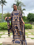 Elegant Black and White Geometric Print Maxi Dress with Batwing Sleeves - Traditional Attire for Women, Perfect for Spring/Summer, Versatile Clothing | Geometric Print Dress | Detailed Applique, Maxi Dress - Coffee Brown