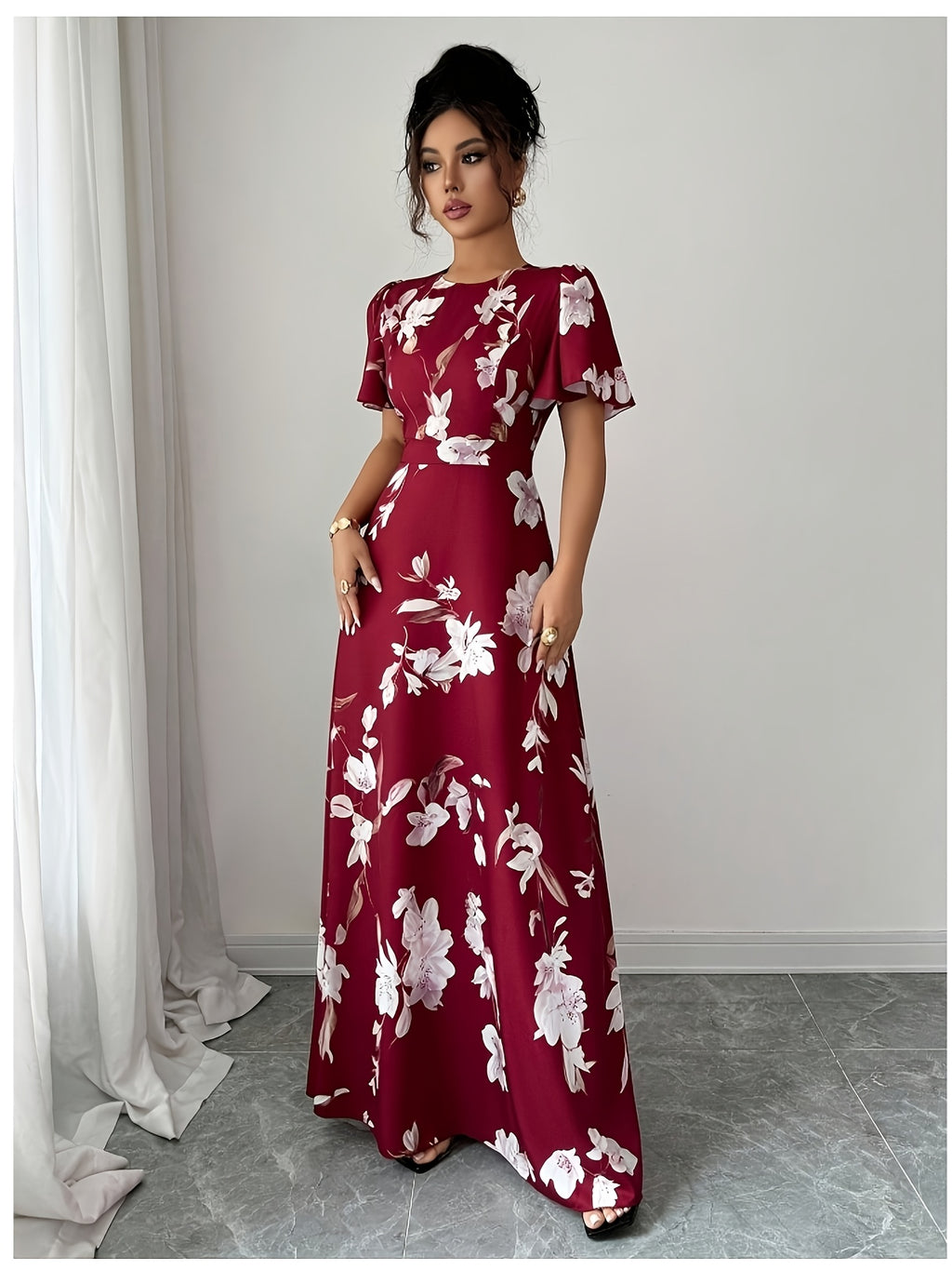 Elegant Exquisite Women'S Burgundy White Floral Print Dress Round Neck Ruffle Short Sleeve Waist Cinched A-Line Maxi Dress Fashion Temperament Piece for Evening Party Wedding Vacation - Red