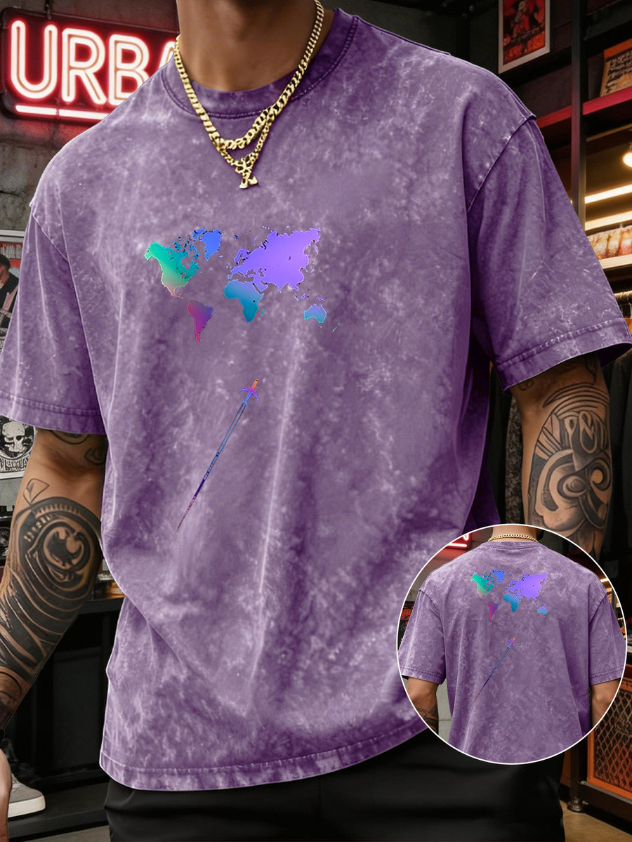 Men's Heavyweight T-Shirt Washed Distressed Gradient World Map Airplane Fashion Print Vintage Heavy Cotton Streetwear High Street Style Summer Casual Versatile Gym Fitness Daily Commute Tee 2026 Urban Fashion - Purple