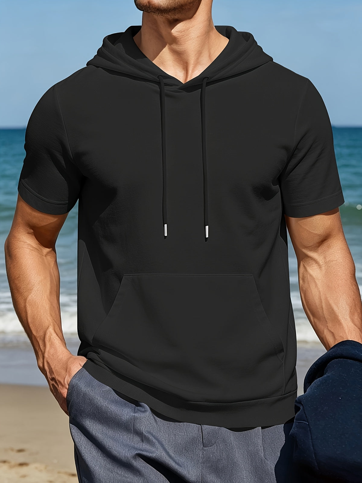 Men's Casual Short-sleeved Summer Hoodie Sweater Pure Color Outdoor Versatile Top Suitable for Sports And Commuting Fashionable And Comfortable Sweater - Black