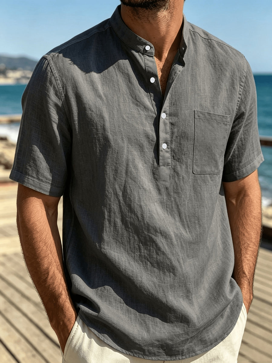 Men'S 3pcs Set of Stand-Collar Henley Short-Sleeve Shirts, Summer Thin Casual Button-Up Shirts, Chest Pocket Loose Breathable Solid-Color Short-Sleeve Tops - Khaki+Black+Gray