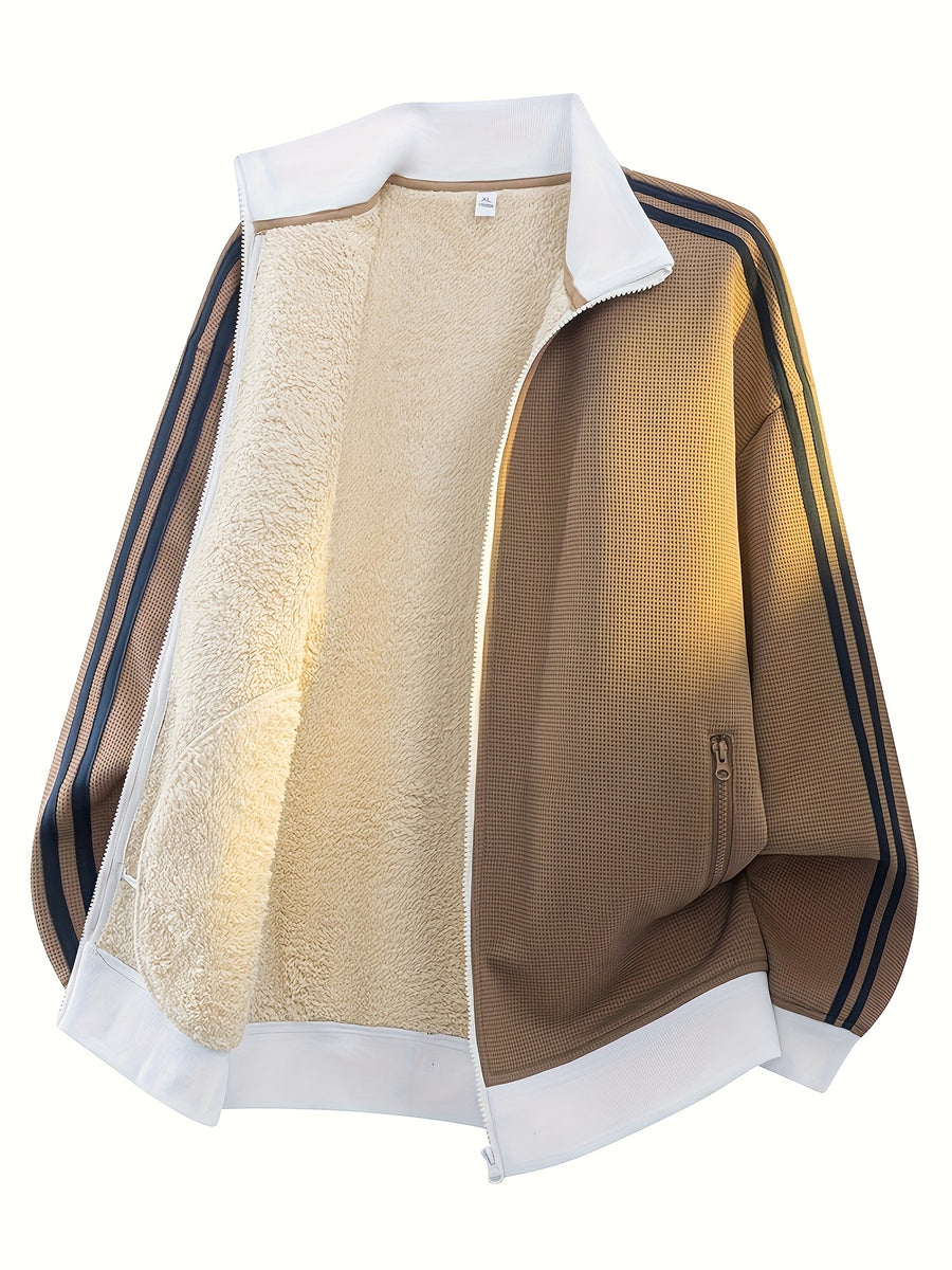 Men'S Waffle Lamb Fleece Lined Zipper Jacket, Stand Collar Side Double Stripe Thickened Warm Jacket, Loose Retro Sporty Outerwear, Ribbed Cuffs with Side Pockets, Windproof Thickened Plush Lining Casual Top, 4 Classic Solid Colors - Light Brown-1