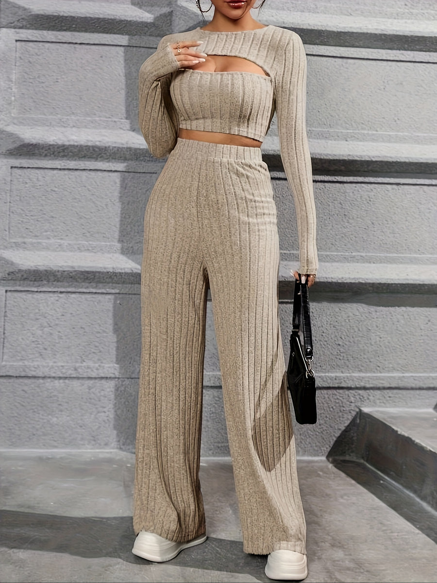 Elegant Directional Women'S Long-Sleeve T-Shirt And Casual Long Pants Set - Khaki