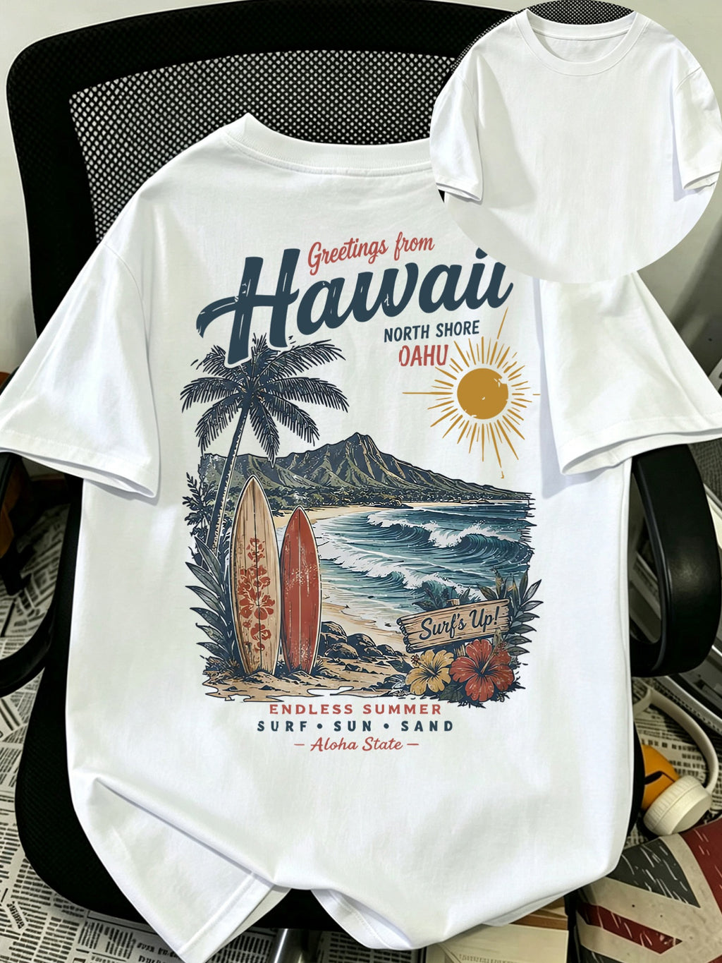 Men's Pure Cotton T-shirt, Printed with a Hawaiian Coast Surfboard Pattern, Is Stylish, Casual, Breathable, and Versatile, Making It a Unique Short-sleeved Top Suitable for Casual Attire in the Summer - White
