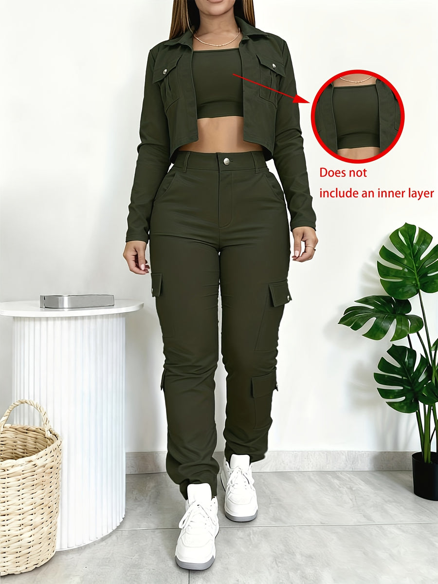 Women's Versatile 2pcs Set Featuring a Slim-fit V-neck Cropped Shirt and American-style Wide-leg Pants with Multiple Pockets, Sold Without an Inner Top - Dark Green